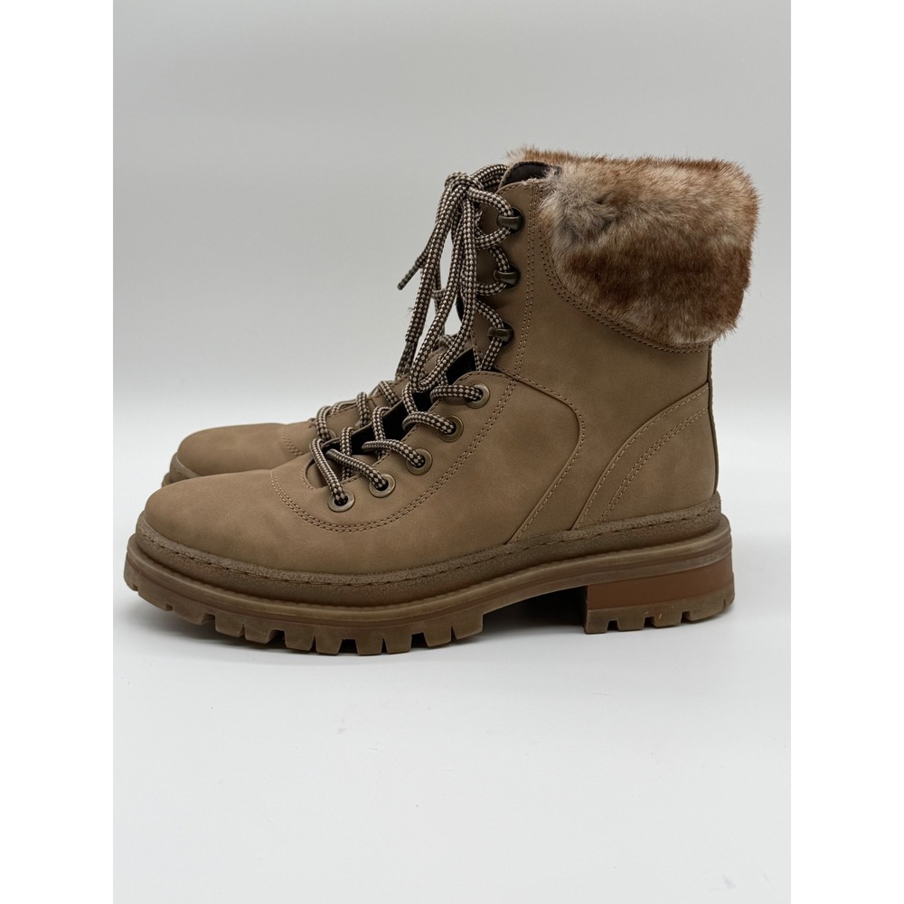 Womens Tan Faux Fur Collar Combat Boots Lace Up Side‎ Zip Lug Sole Size 9